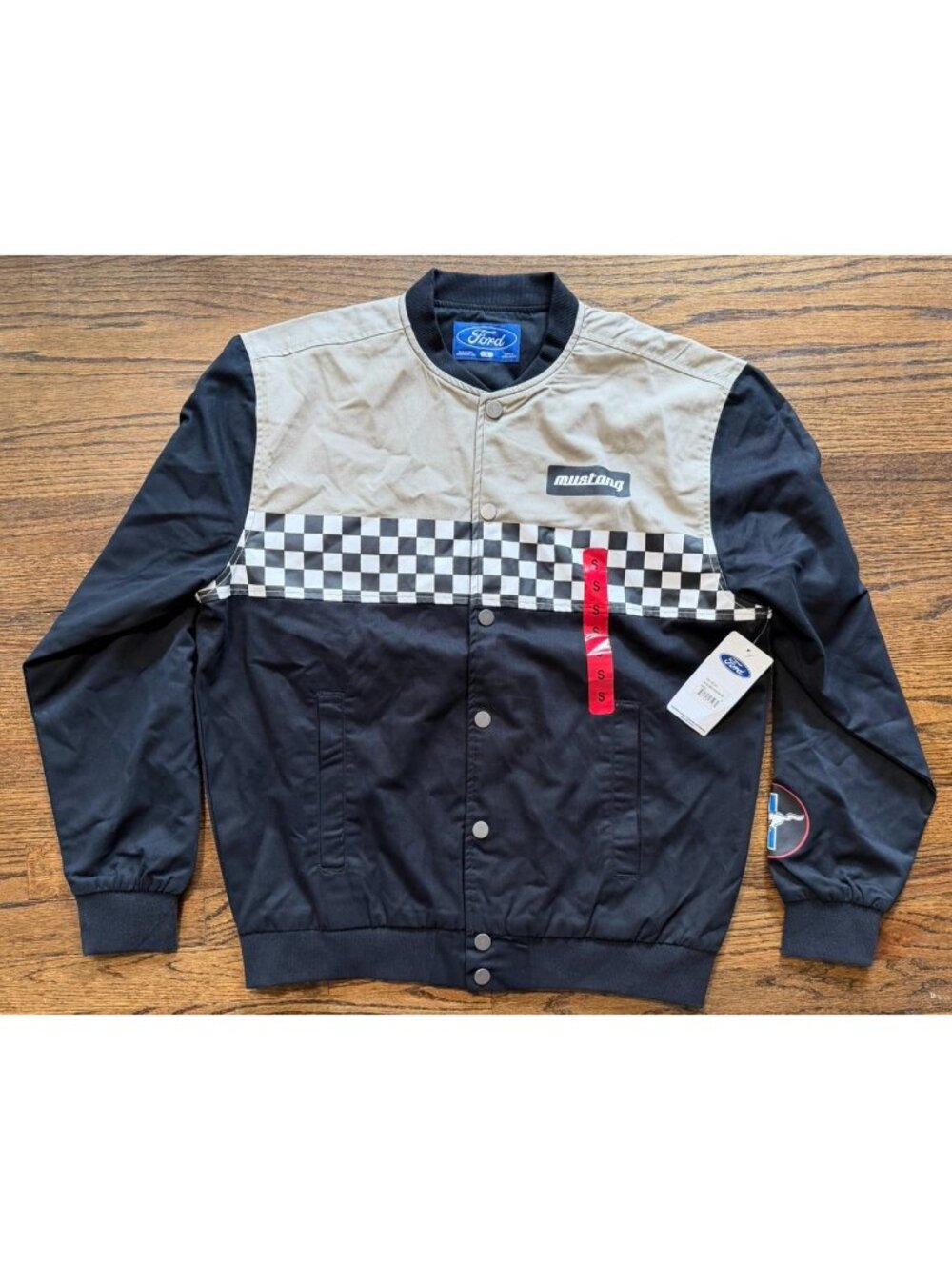Ford Mustang American Checkered Racing Bomber Jacket Men's Size S Black Beige